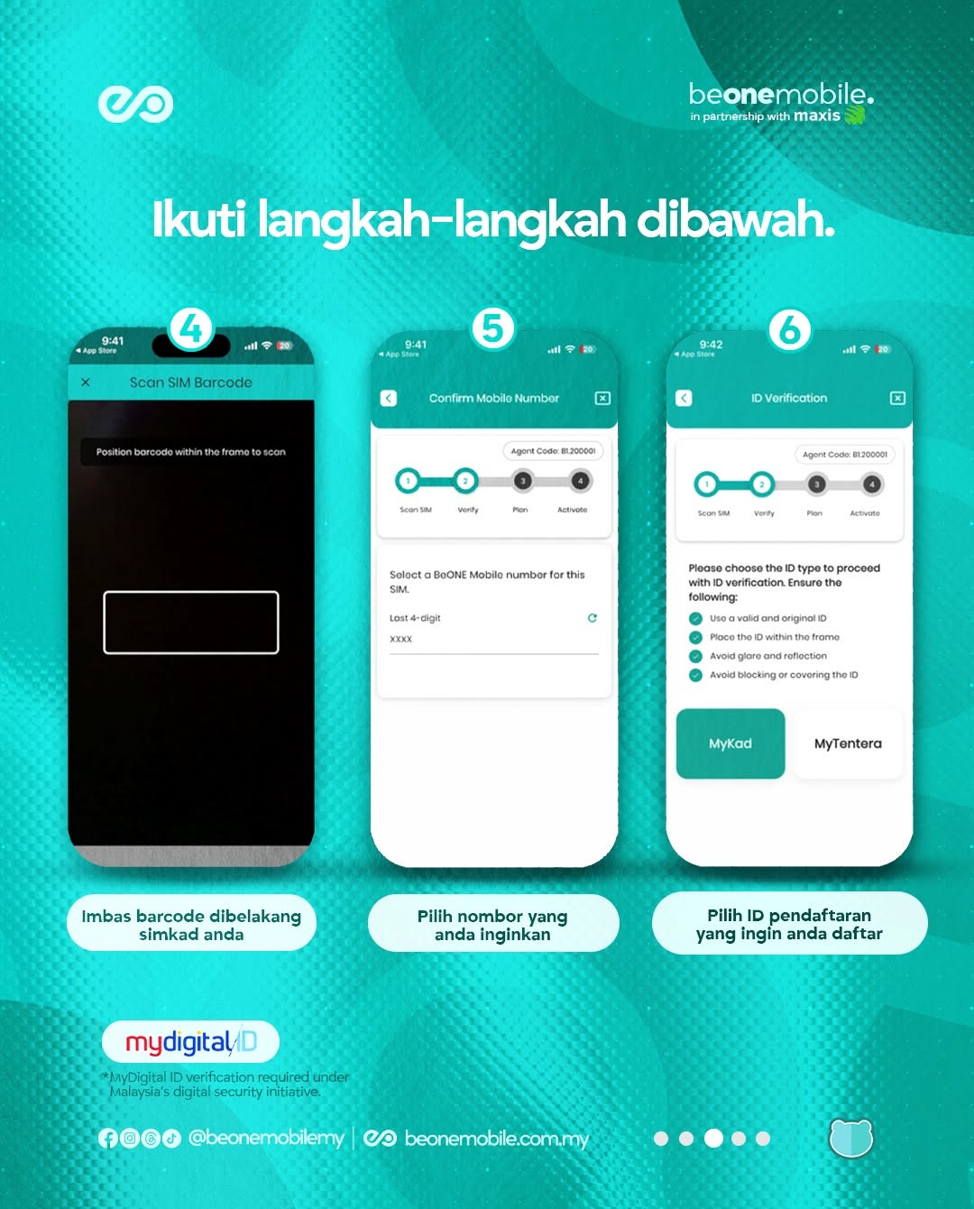Scan barcode simkad, pilih nombor dan pilih jenis ID